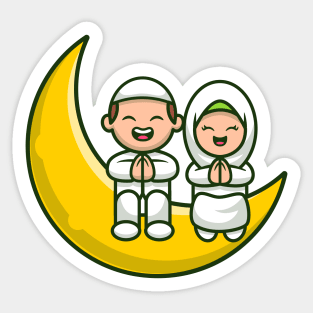 Cute Moslem Couple Sitting On Moon Sticker